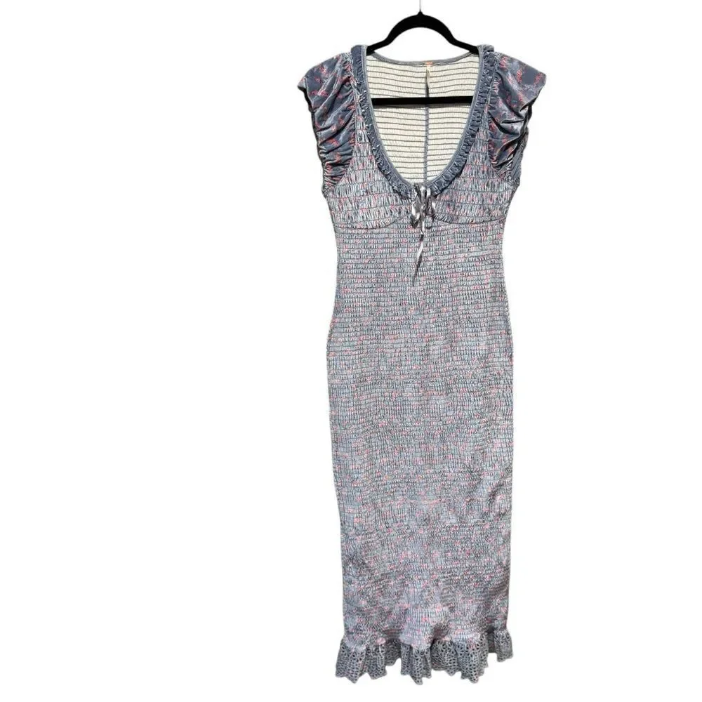 Revolve Free People Mckenna Velvet Midi Dress Smocked Slim Fitted Blue Combo